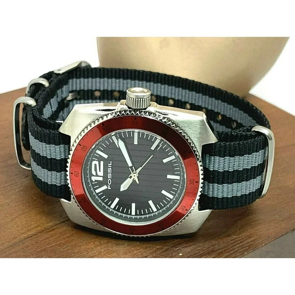 Fossil Men's Watch WB1042 Quartz Red Bezel 38mm Black Gray Nylon NATO St…